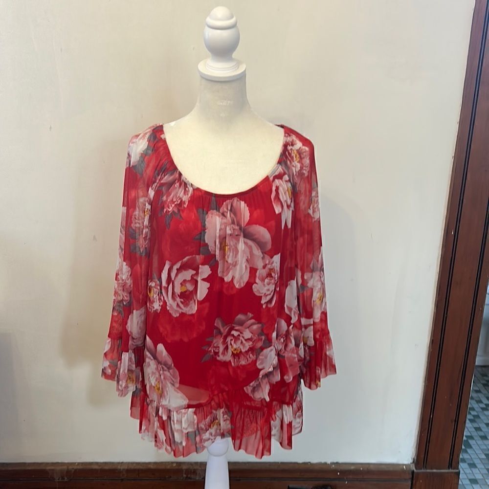 INC red sheer long sleeve floral asymmetrical ruffle blouse Size M